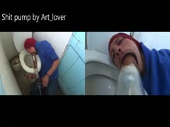 Plumber pumps shit from toilet bowl and eats it